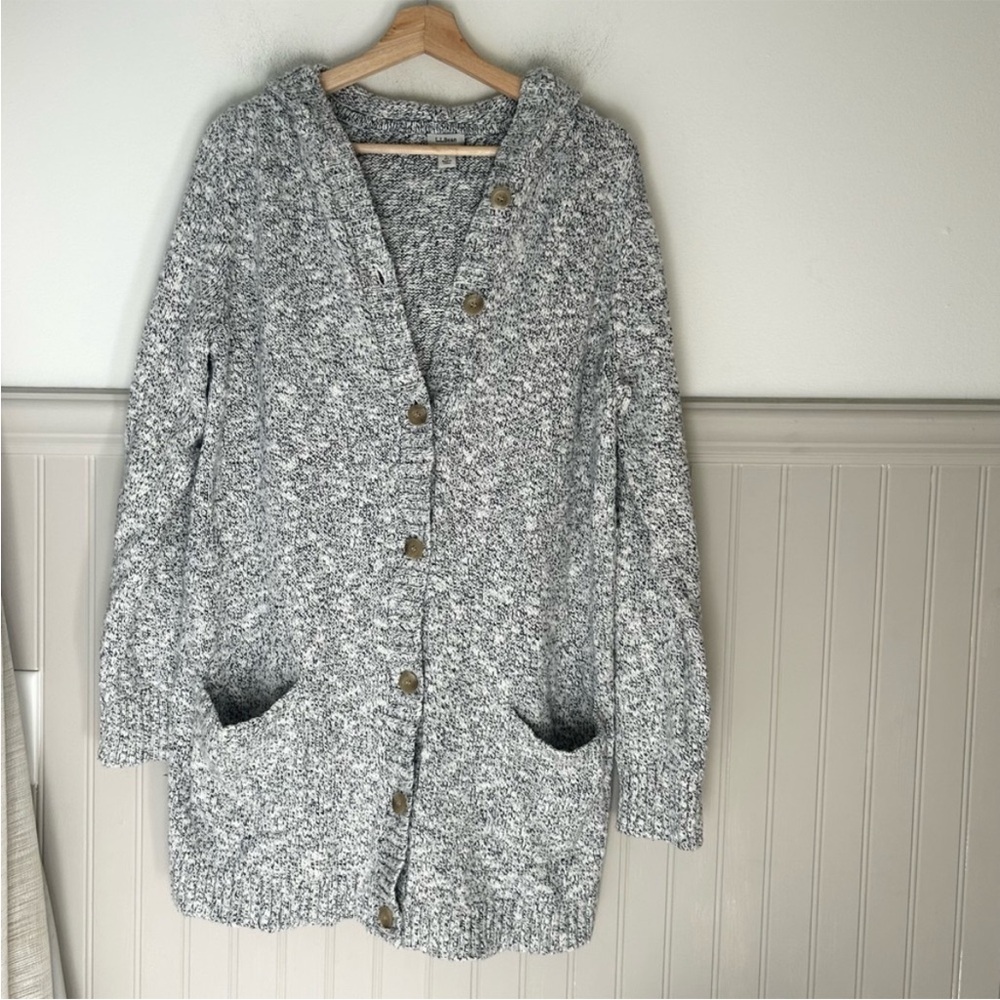 L.L. Bean Large Chunky Knit Gray Hooded Button Up Cardigan 100% Cotton